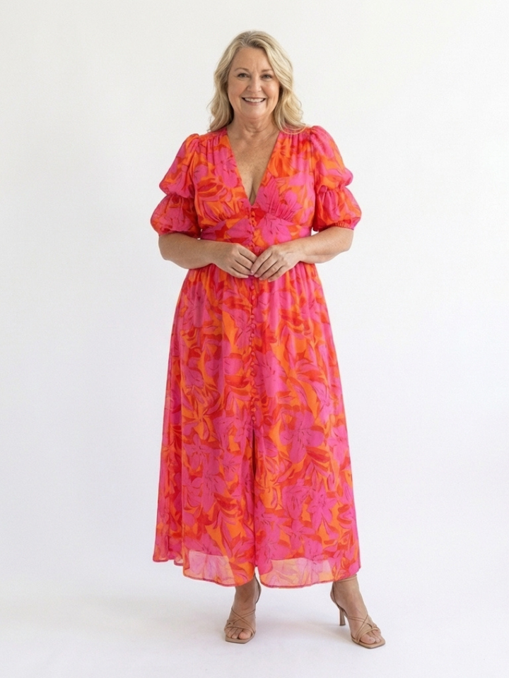 Ivy™ | Midi Dress with Floral Print and V-Neck Puff Sleeves