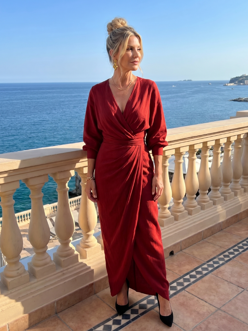 Fable | Midi Dress with Long Sleeve Wrap Overlap Skirt