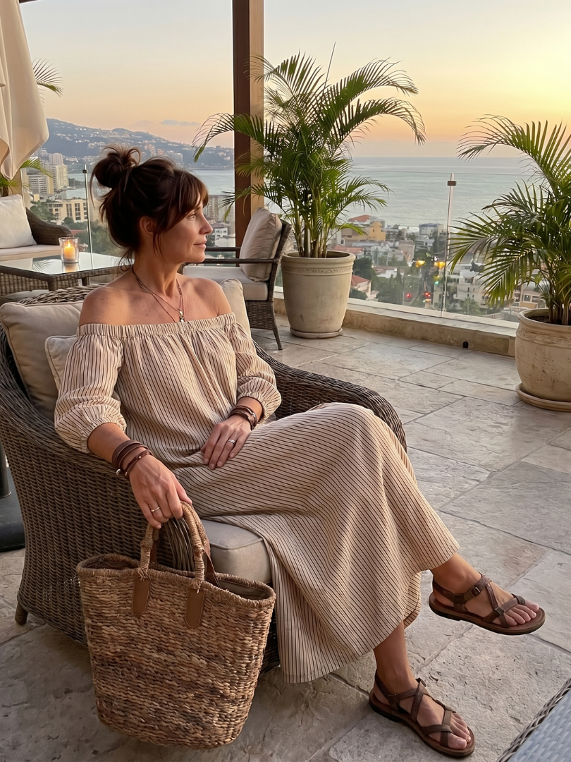 Euphemia | Off-Shoulder Maxi Dress with Striped Design