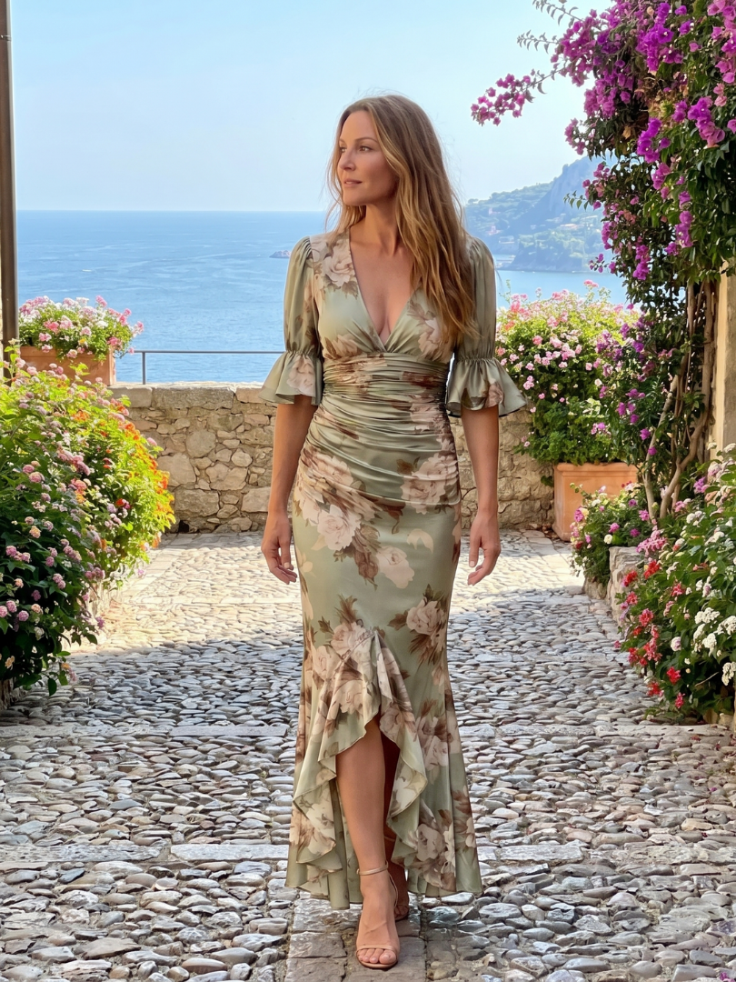 Palm | Midi Dress with Short Sleeves and V-Neck, Featuring Ruched Waist