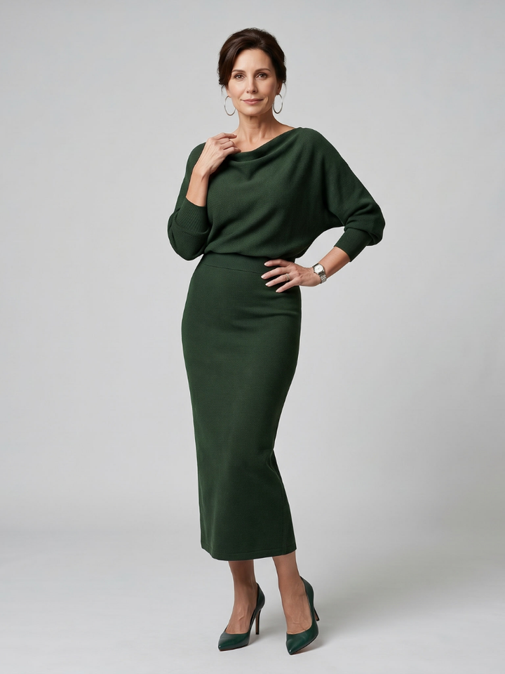 Romy | Midi Dress with Draped Neckline and Fitted Skirt