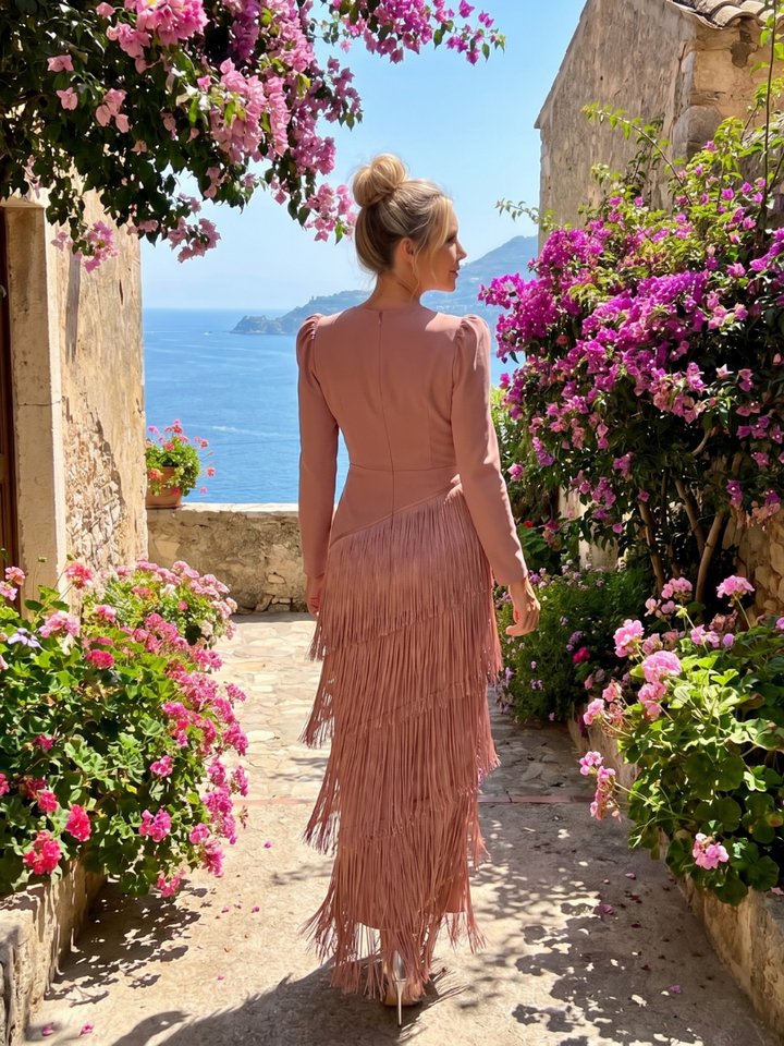 Samara | Midi Dress with Long Sleeve and Soft Fringe Skirt