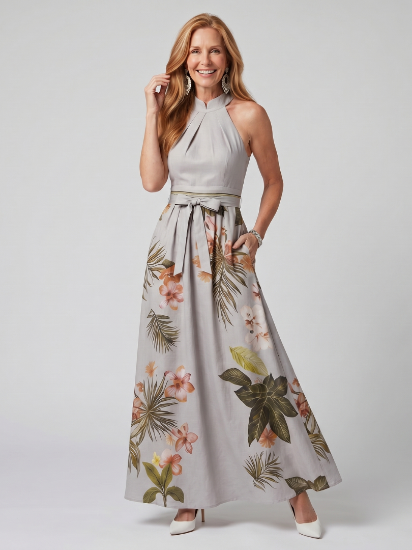 Meadow | Flowing Halter Maxi Dress with Botanical Print
