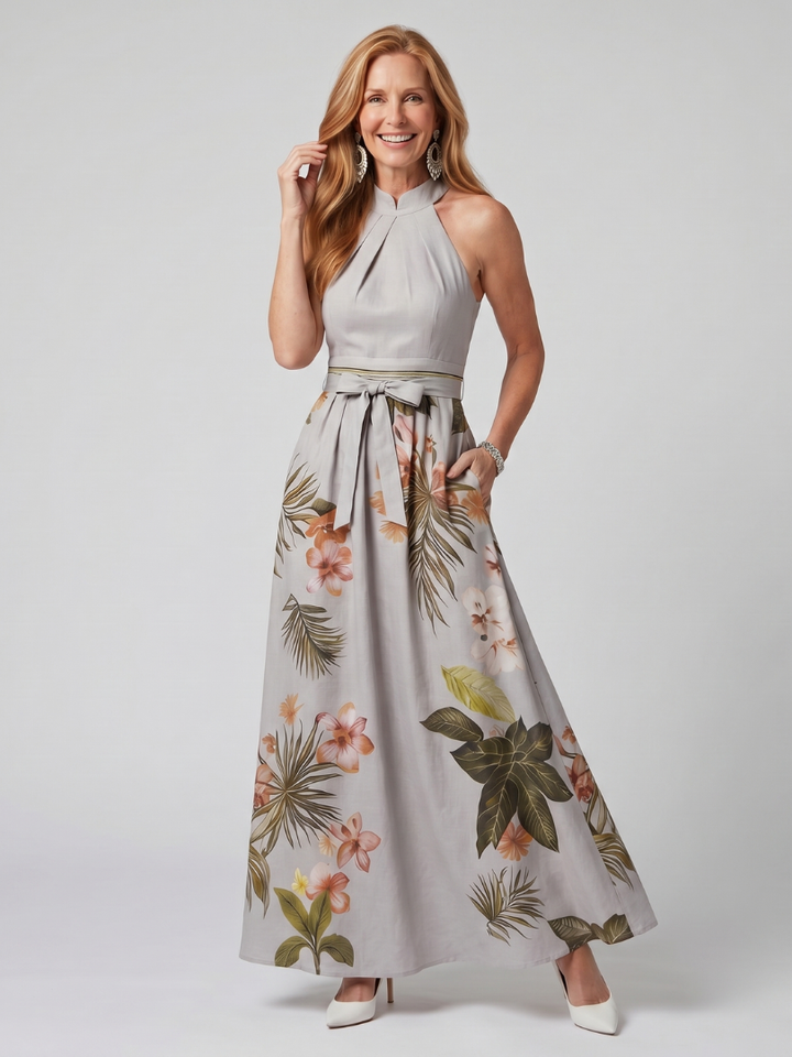 Meadow | Flowing Halter Maxi Dress with Botanical Print
