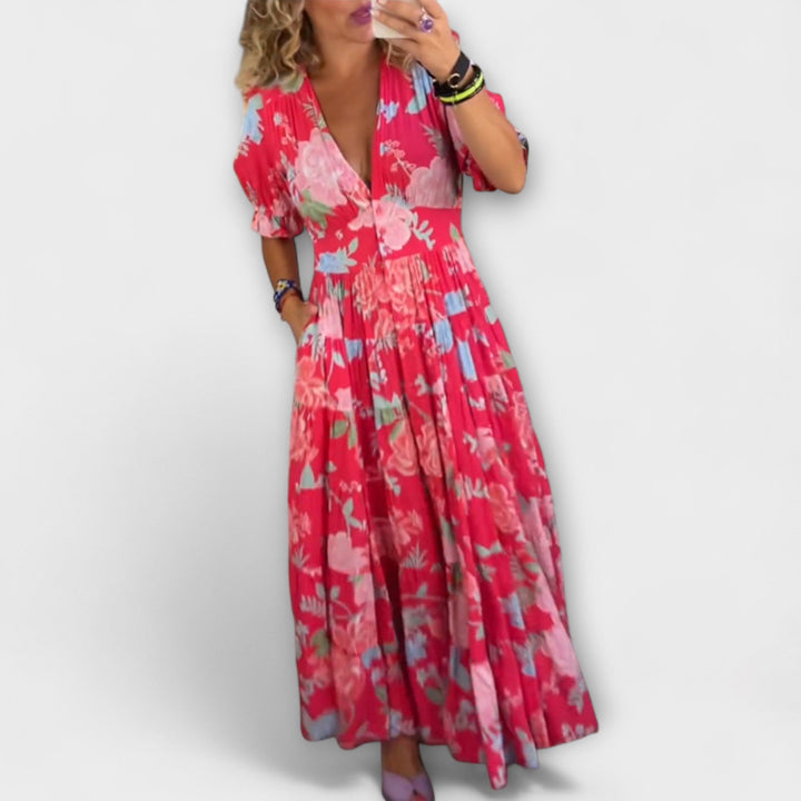 Catrisa - V-Neck Floral Dress with Pockets