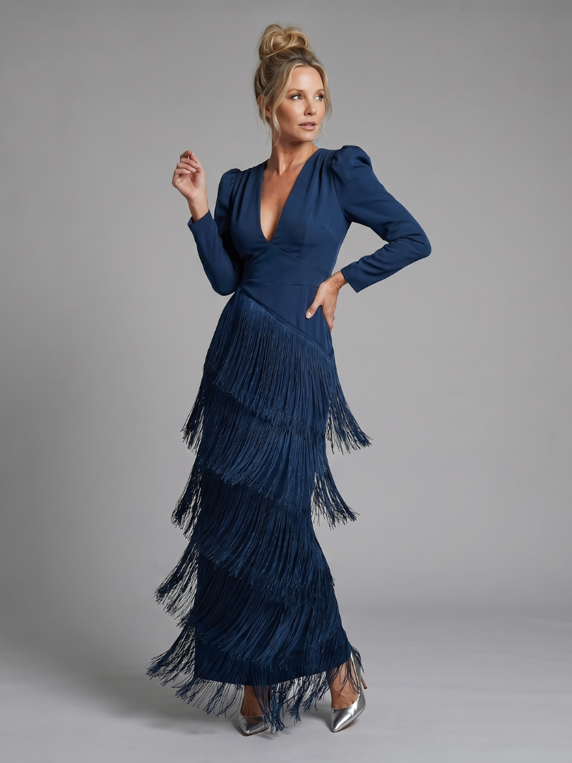 Samara | Midi Dress with Long Sleeve and Soft Fringe Skirt