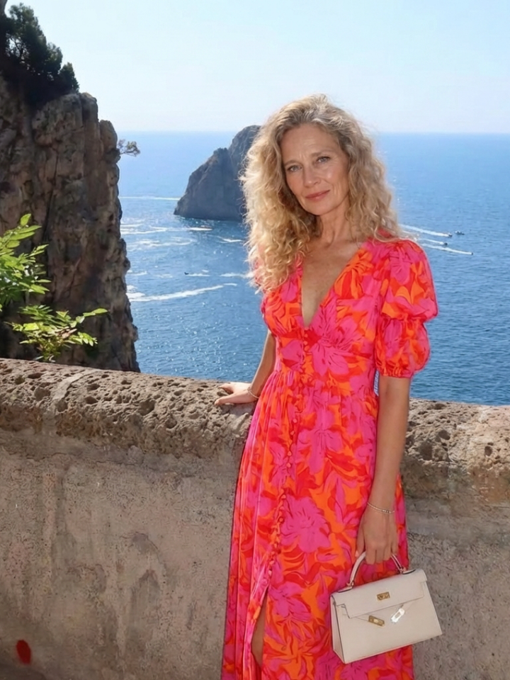 Ivy™ | Midi Dress with Floral Print and V-Neck Puff Sleeves