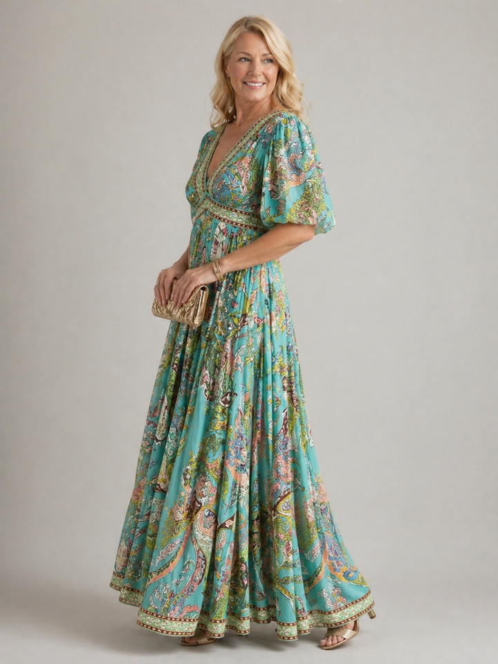 Amelia™ | Lightweight Maxi Dress with Puff Sleeves and V-Neck