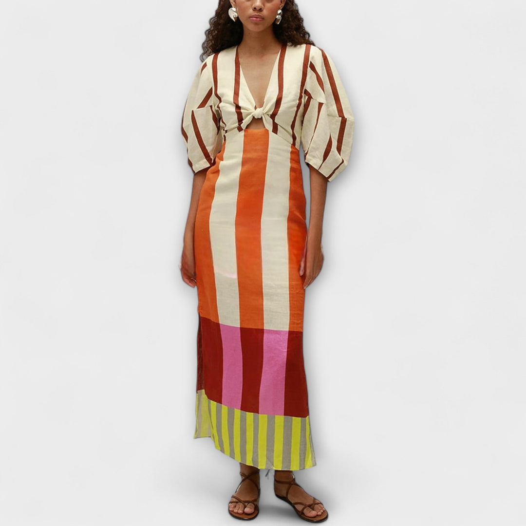 Kaya - Maxi Dress Featuring a Deep Neckline and Balloon Sleeves