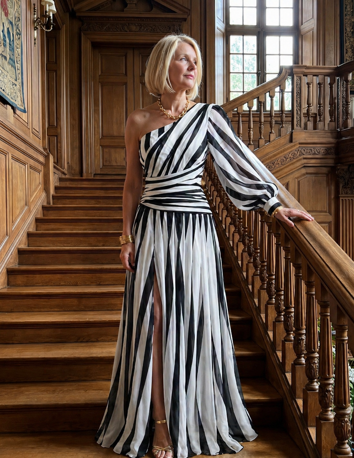 Ivy™ | Chic One-Shoulder Striped Maxi Dress
