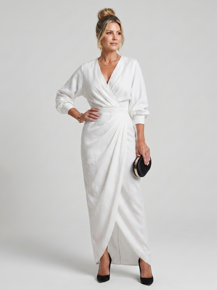 Fable | Midi Dress with Long Sleeve Wrap Overlap Skirt