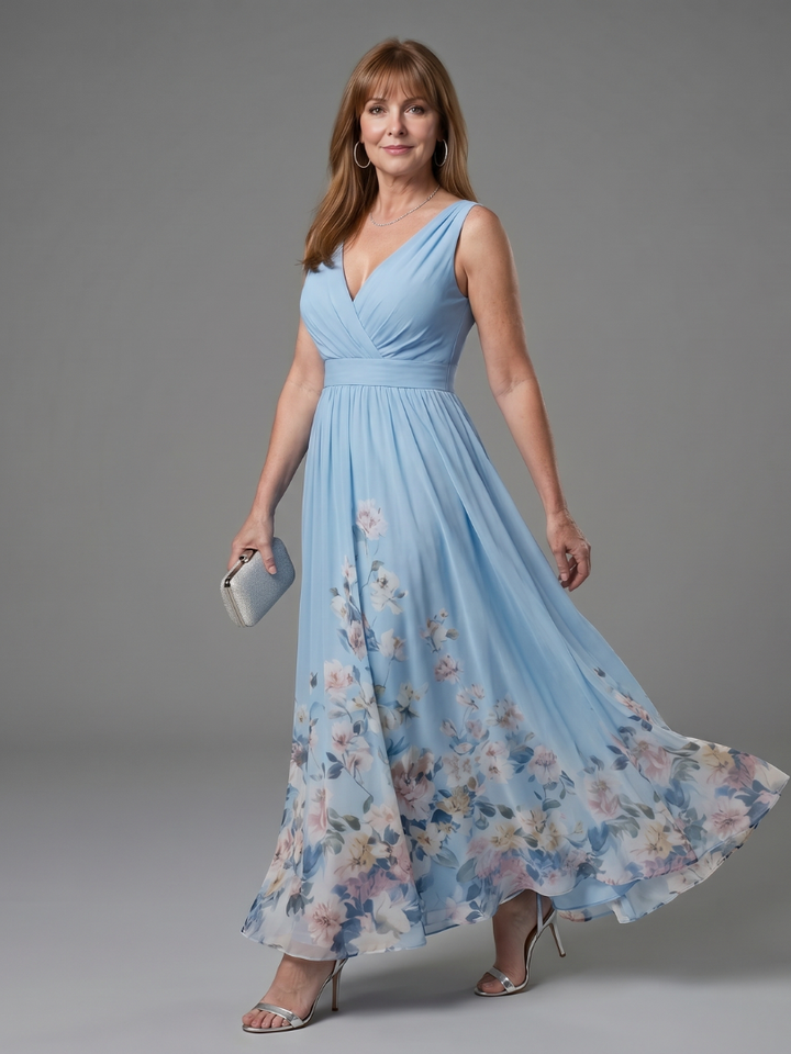 Clarissa | Floral Hem Midi Dress with Sleeveless V-Neck Design