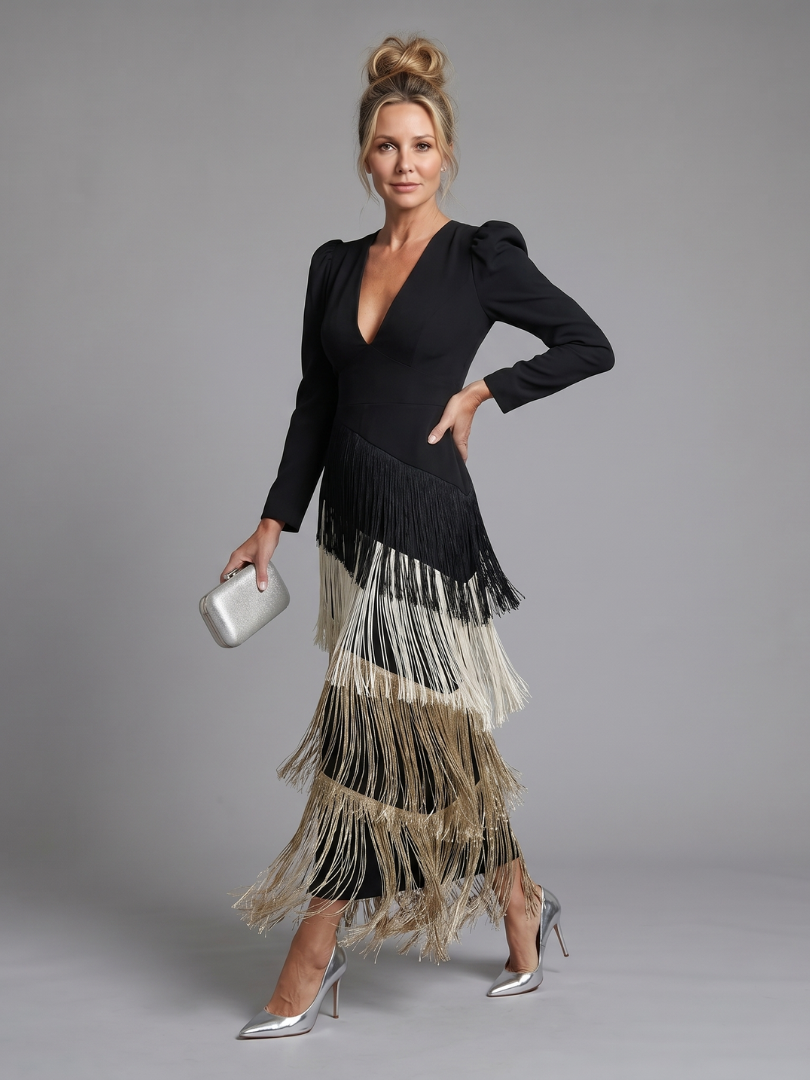 Samara | Midi Dress with Long Sleeve and Soft Fringe Skirt