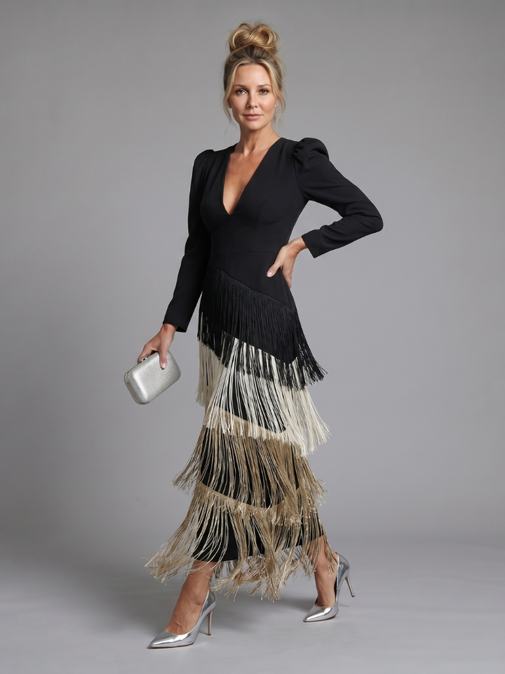 Samara | Midi Dress with Long Sleeve and Soft Fringe Skirt