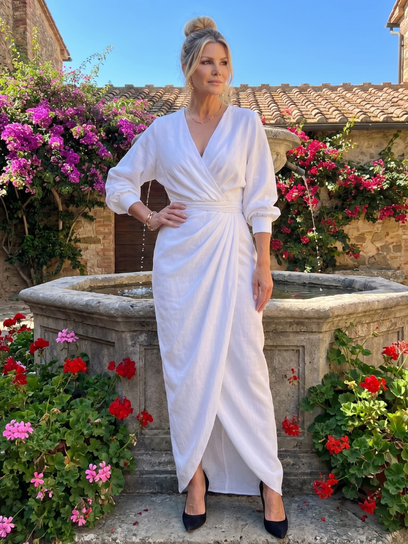 Fable | Midi Dress with Long Sleeve Wrap Overlap Skirt