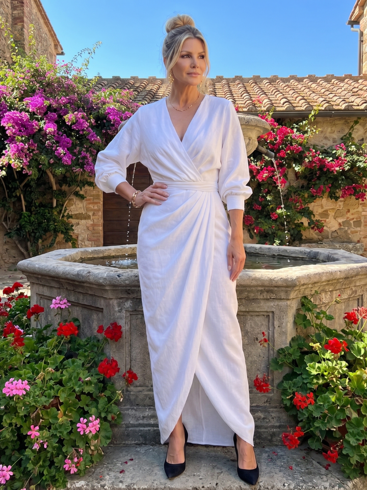 Fable | Midi Dress with Long Sleeve Wrap Overlap Skirt