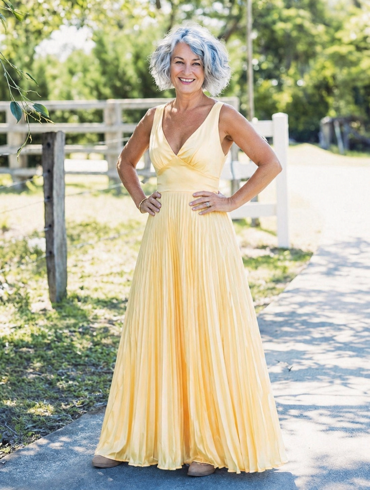 Ivy™  | Pleated V-Neck Maxi Dress