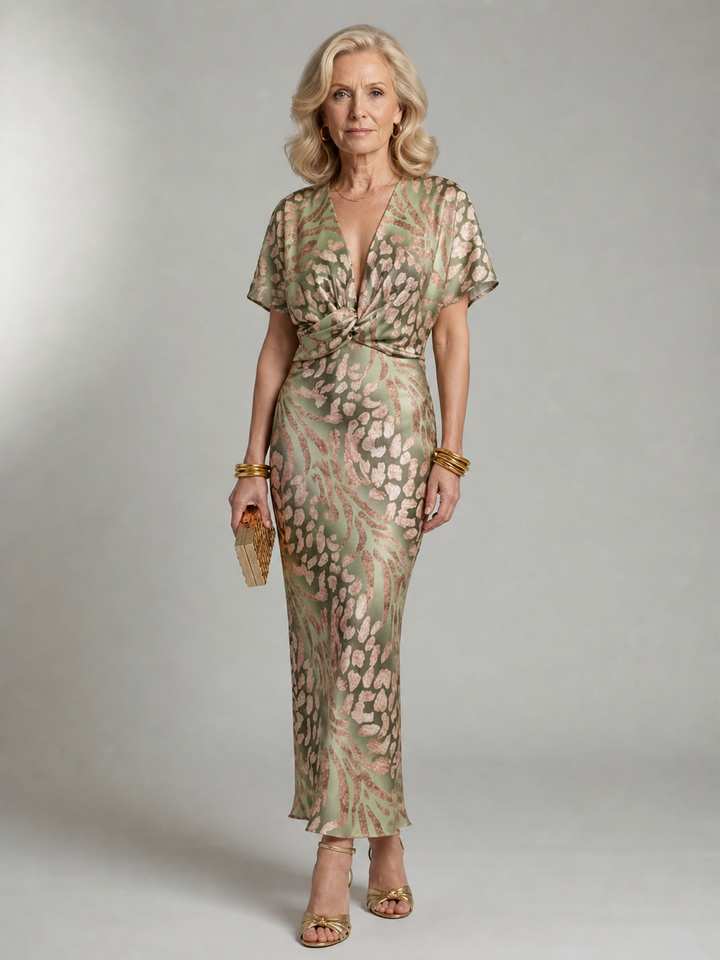 Ivy™  | Abstract Print V Neck Twist Waist Midi Dress