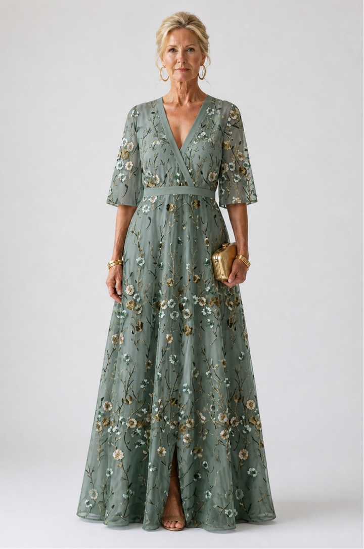 Ivy™  | Floral V Neck Short Sleeve Maxi Dress