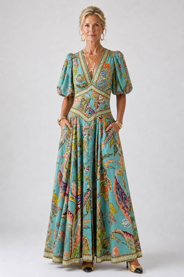 Ivy™  | Airy maxi dress with puff sleeves and V-neck