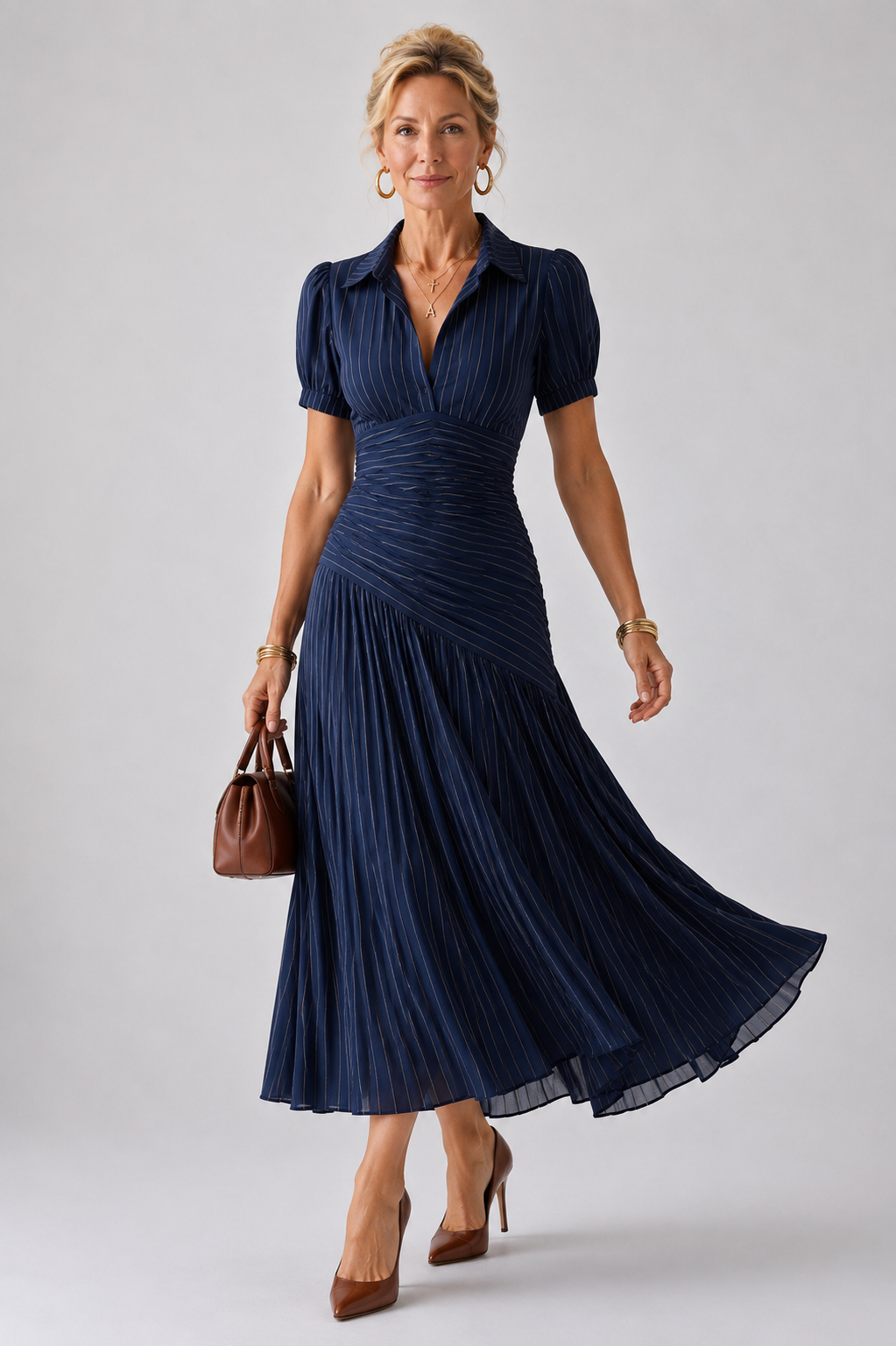 Theodora | Striped Midi Dress with Pleated Waistline