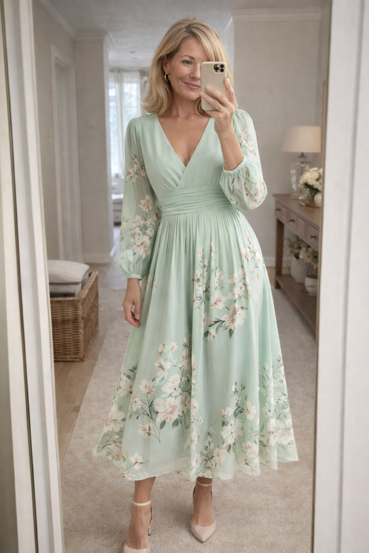 VENIRA | Green Midi Dress with Floral Print