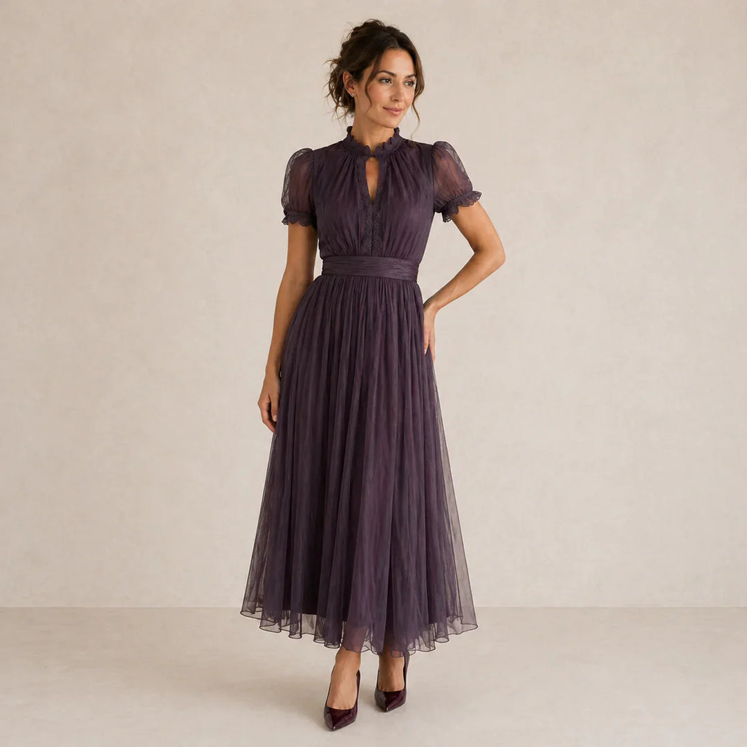 FLAVIA | Elegant Purple Lace-Trimmed Maxi Dress