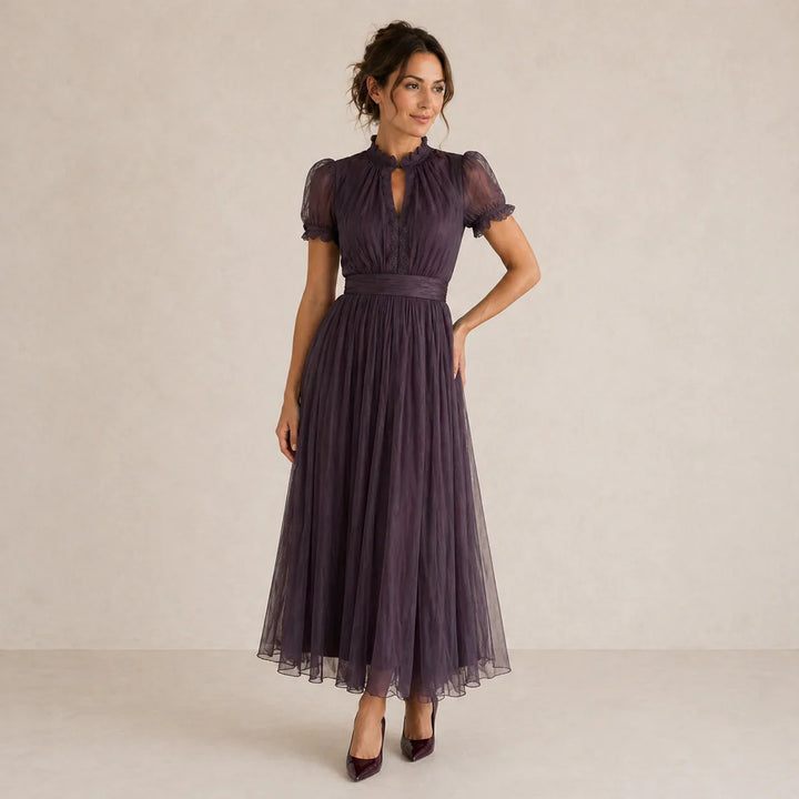 FLAVIA | Elegant Purple Lace-Trimmed Maxi Dress