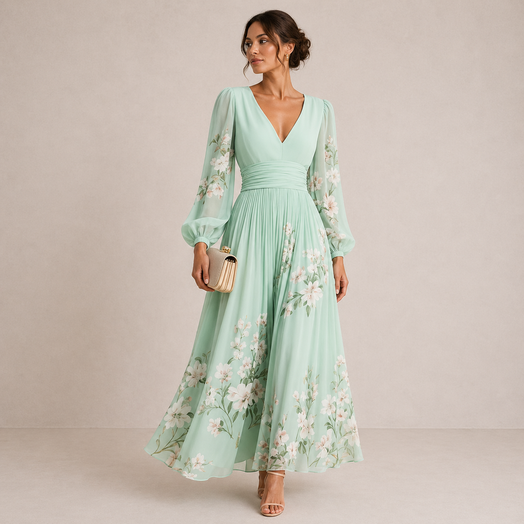 VENIRA | Green Midi Dress with Floral Print