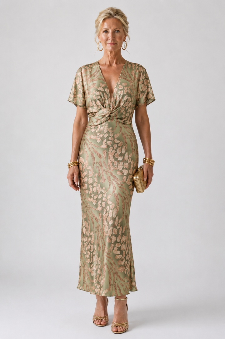 Ivy™  | Abstract Print V Neck Twist Waist Midi Dress