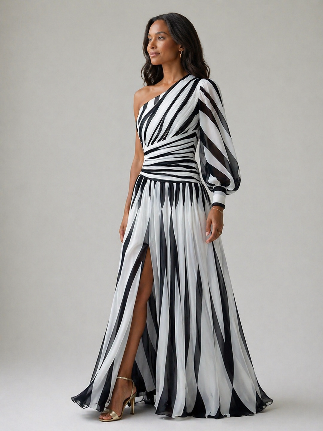 Ivy™ | Elegant Striped Maxi Dress with One Shoulder