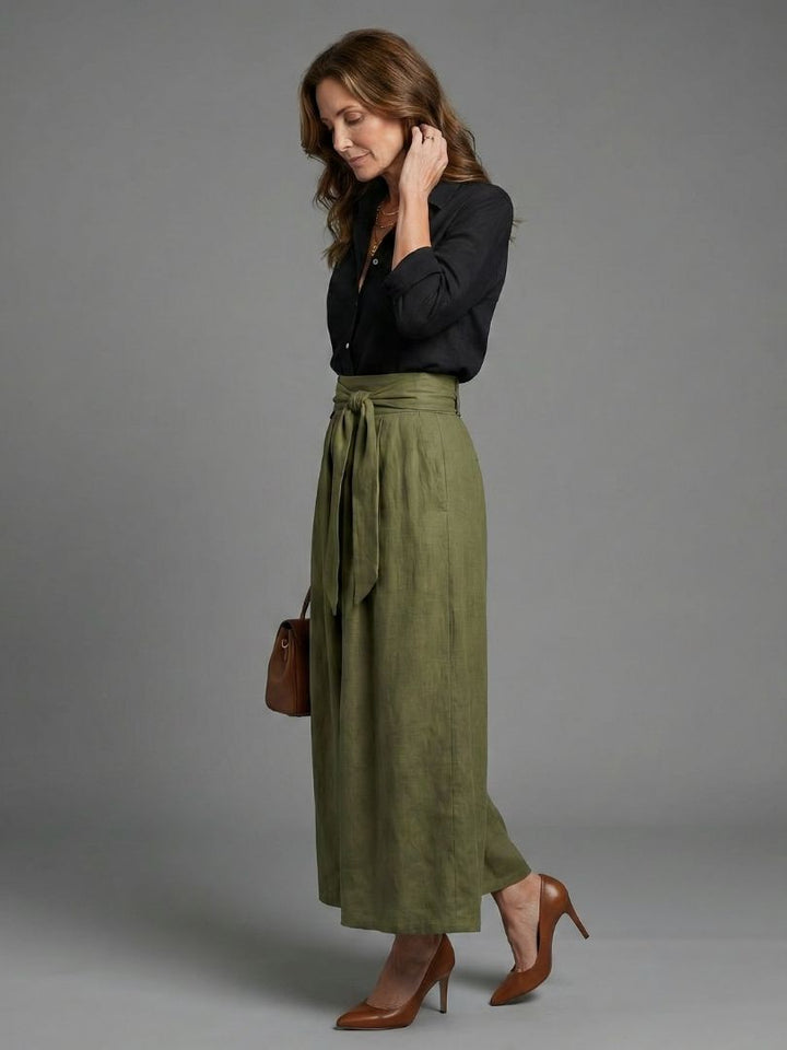 Vera | Black Blouse & Olive Green Midi Skirt Two-Piece Set