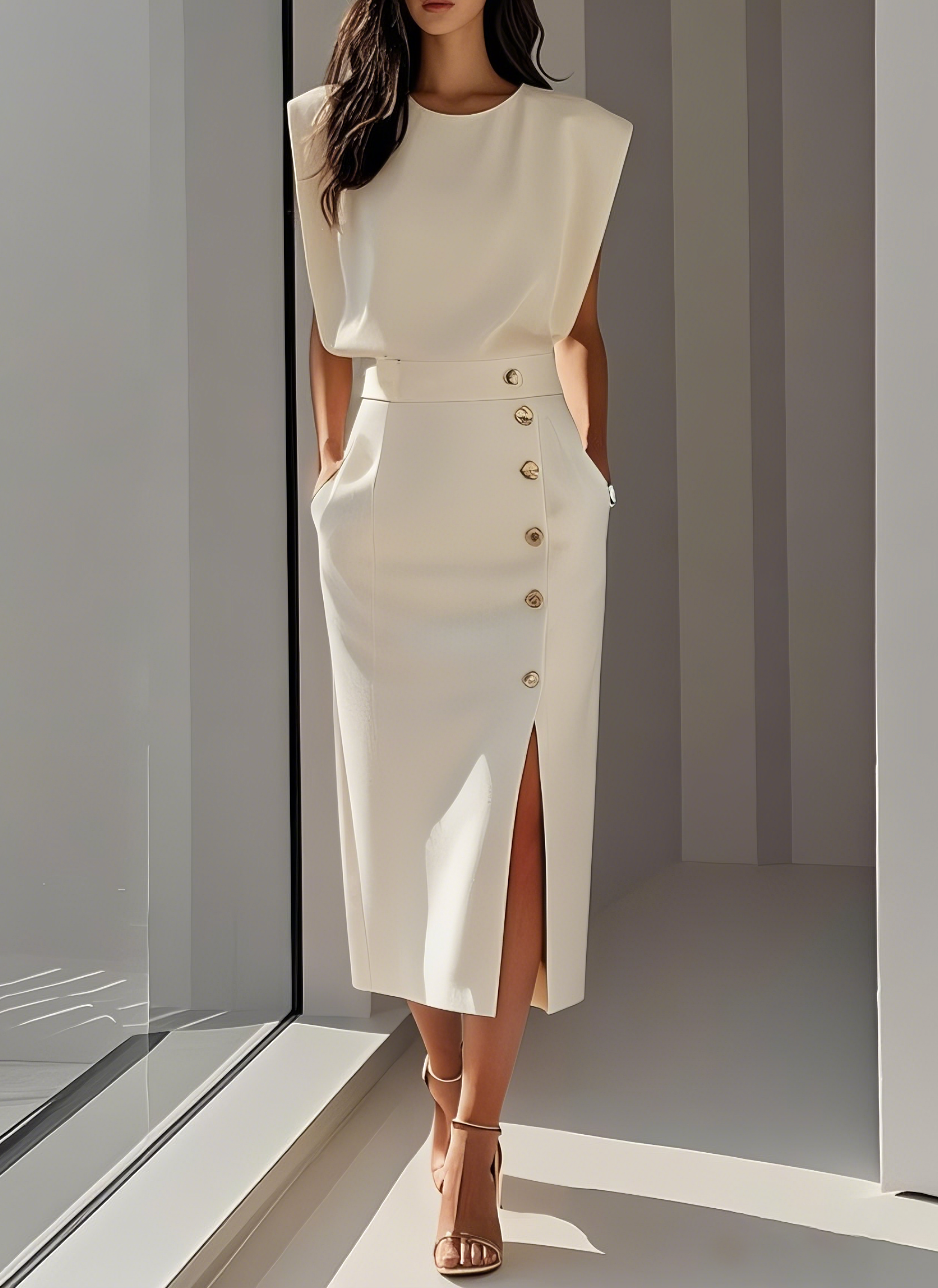 Jennie™ | Gilded Button Midi Dress