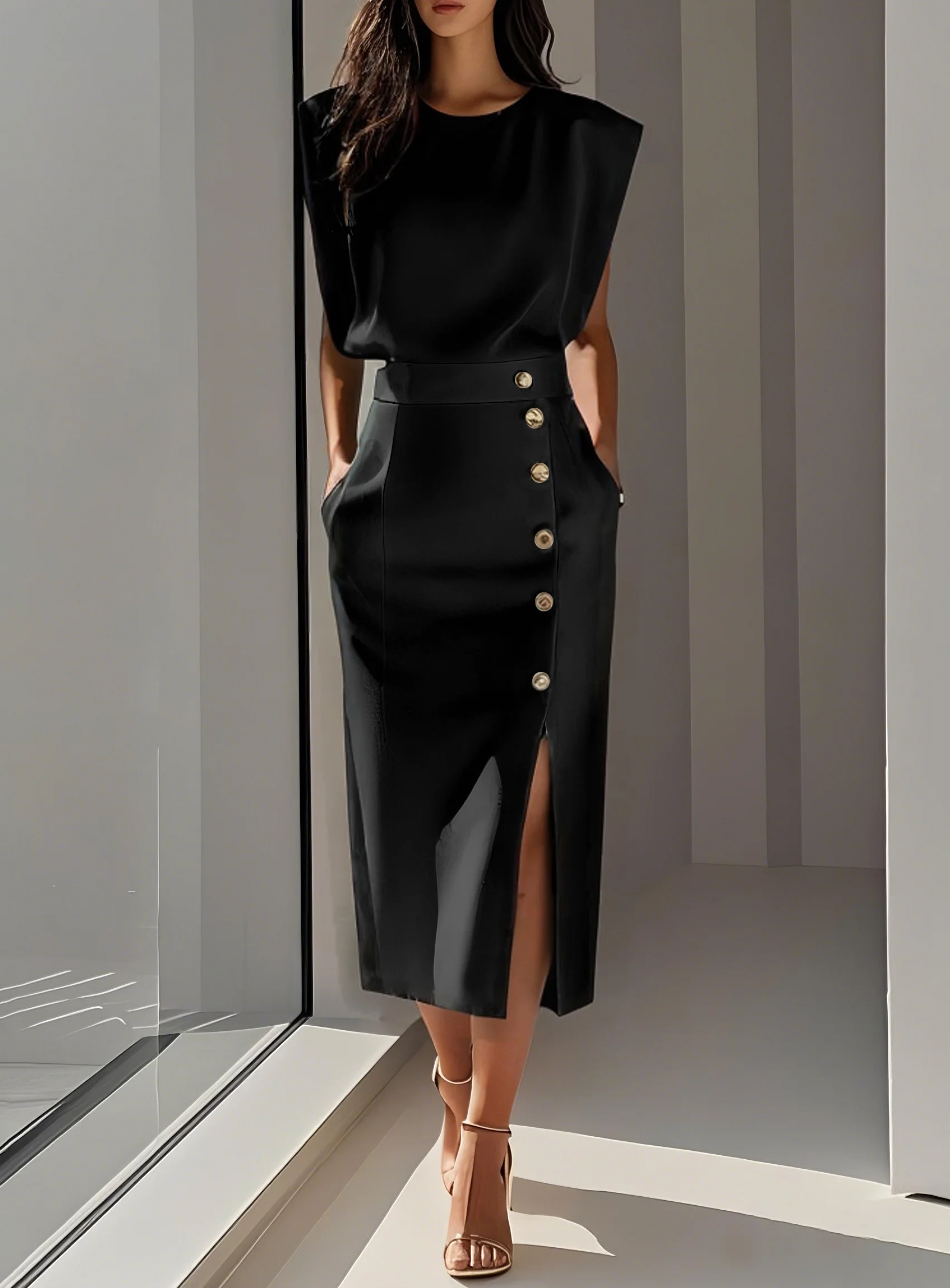 Jennie™ | Gilded Button Midi Dress
