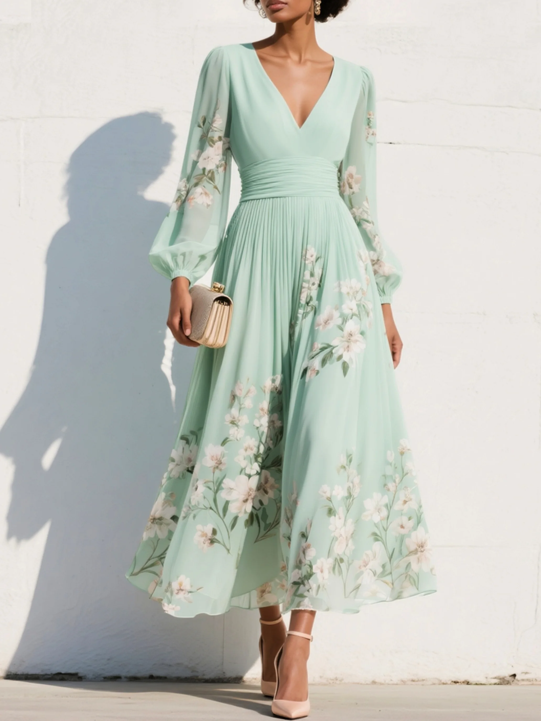 VENIRA | Green Midi Dress with Floral Print