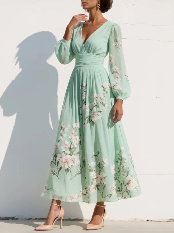 VENIRA | Green Midi Dress with Floral Print