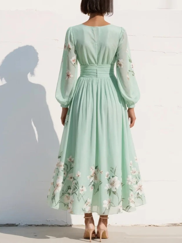 VENIRA | Green Midi Dress with Floral Print