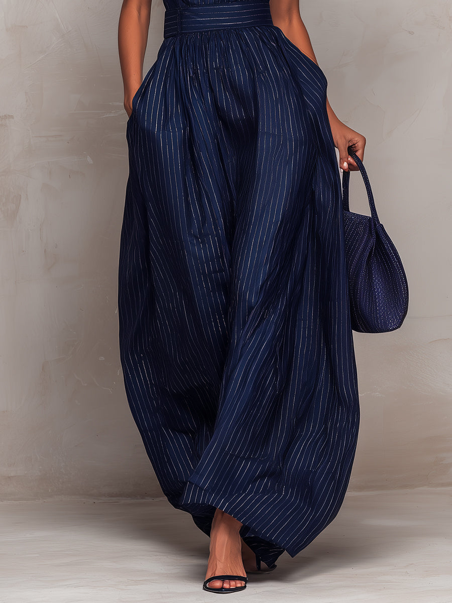 Anna - Dark Blue Striped Wide-Leg Set with Keyhole Neckline