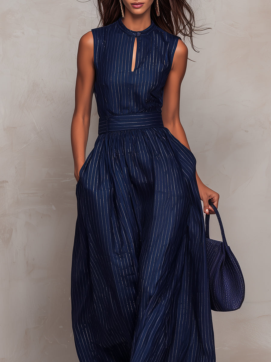 Anna - Dark Blue Striped Wide-Leg Set with Keyhole Neckline