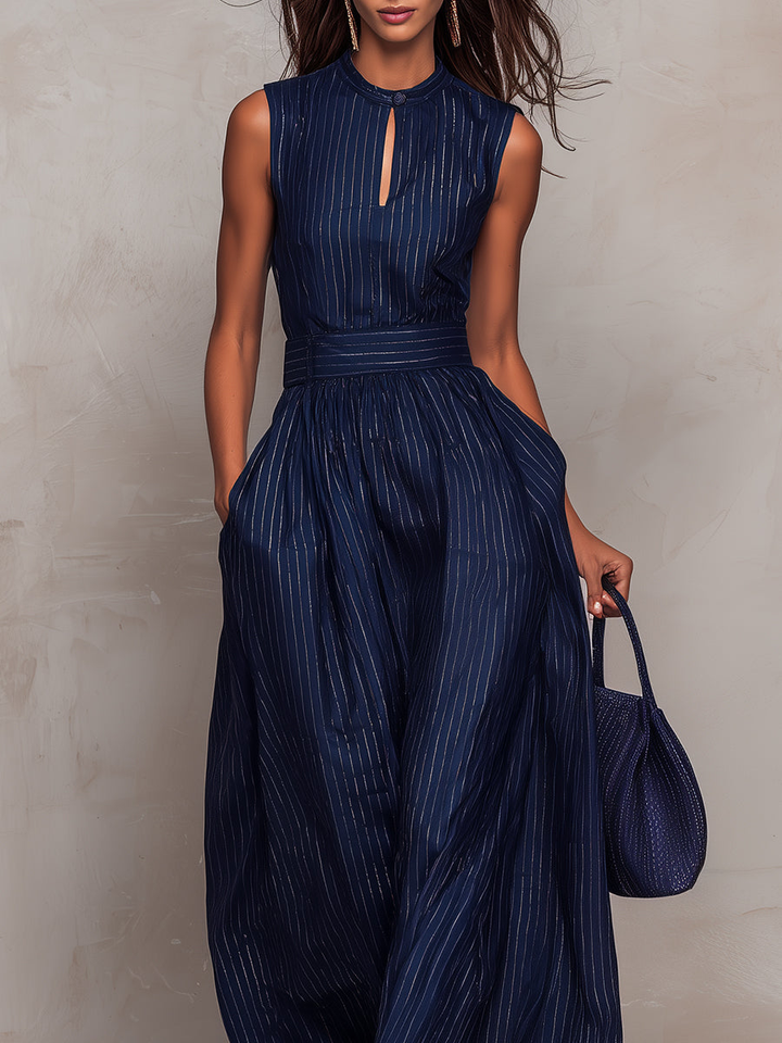 Anna - Dark Blue Striped Wide-Leg Set with Keyhole Neckline
