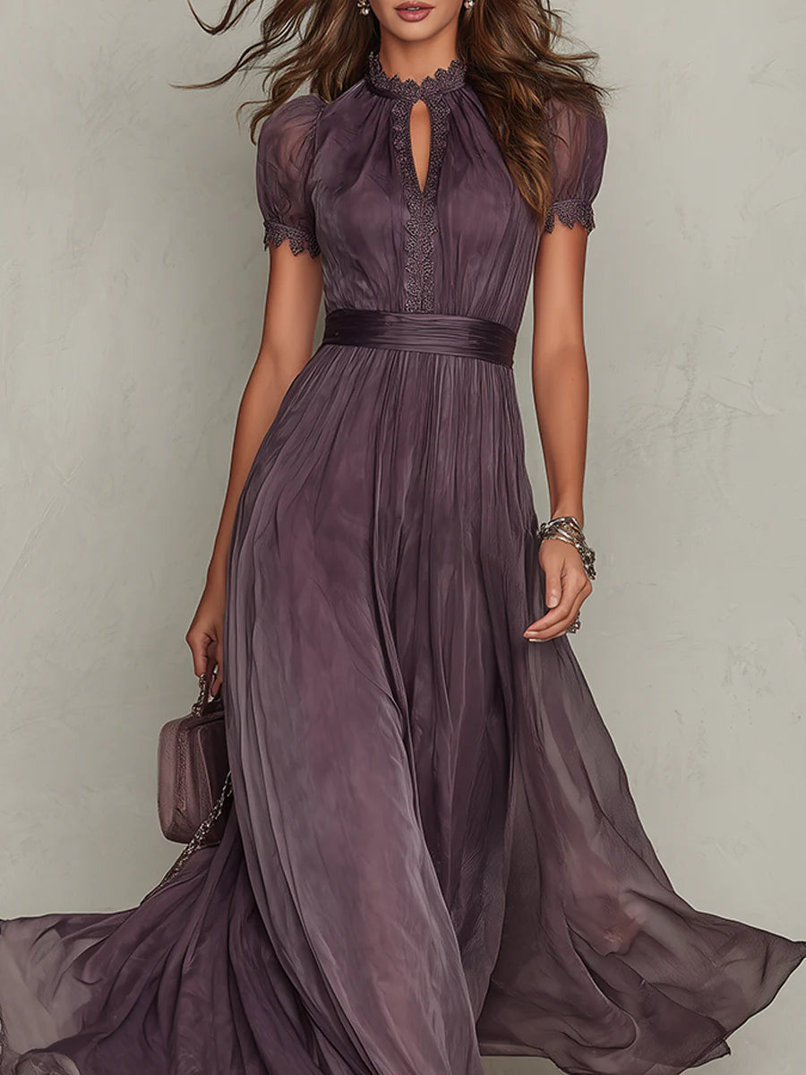 FLAVIA | Elegant Purple Lace-Trimmed Maxi Dress