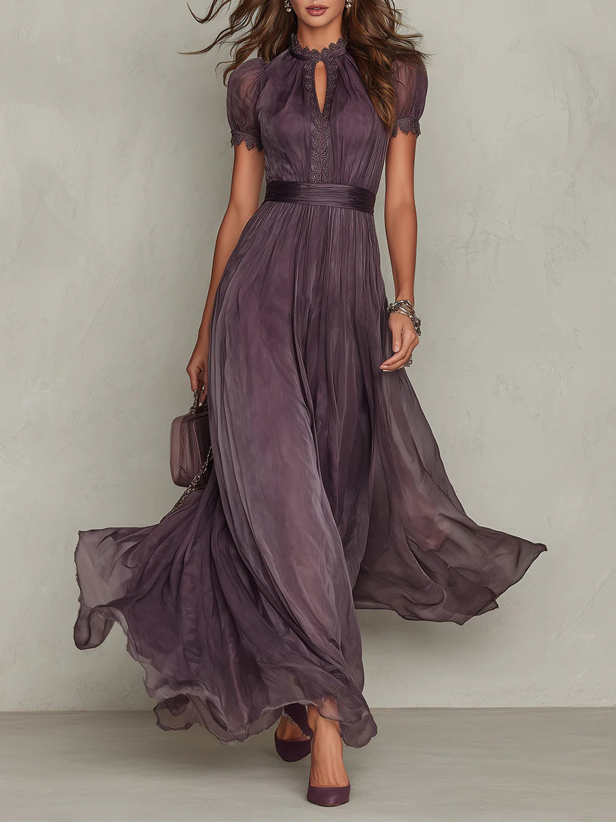 FLAVIA | Elegant Purple Lace-Trimmed Maxi Dress