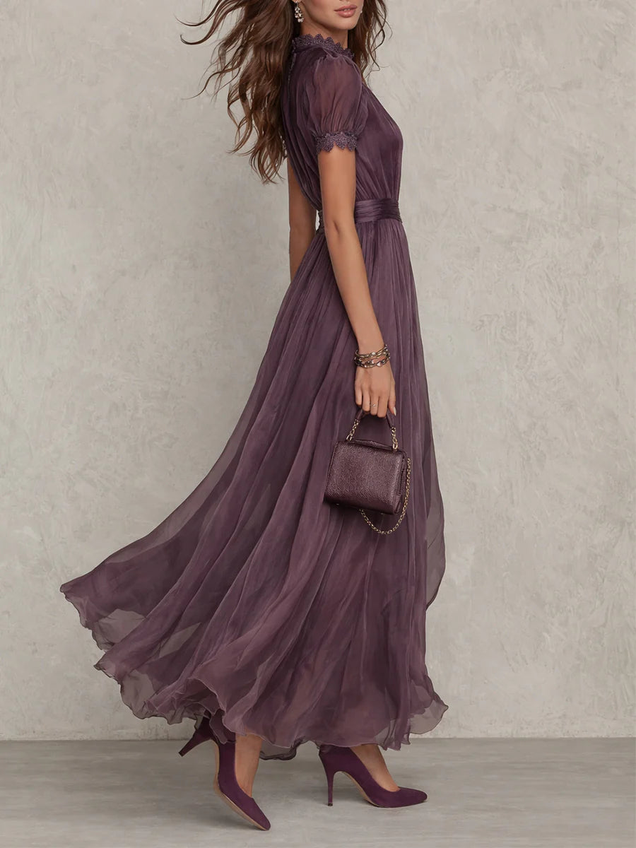 FLAVIA | Elegant Purple Lace-Trimmed Maxi Dress