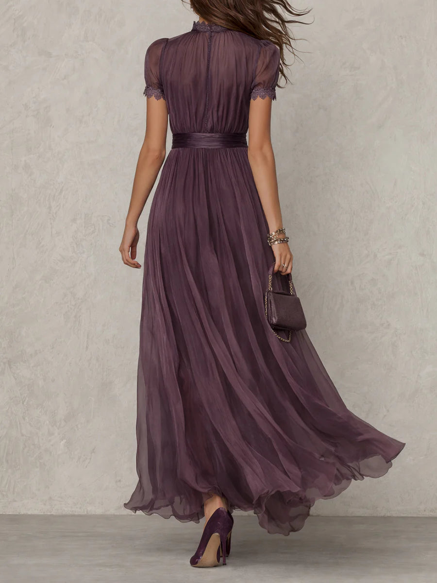 FLAVIA | Elegant Purple Lace-Trimmed Maxi Dress