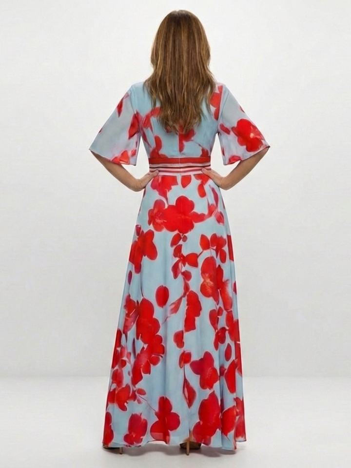 Ivy™ | Floral V-Neck Maxi Dress with Short Sleeves