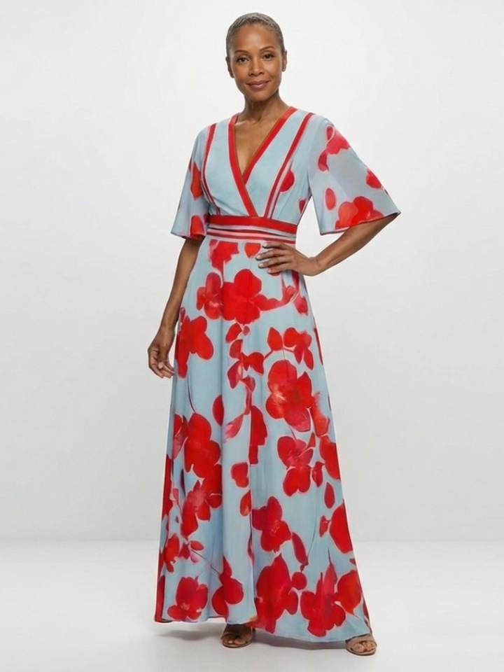 Ivy™ | Floral V-Neck Maxi Dress with Short Sleeves