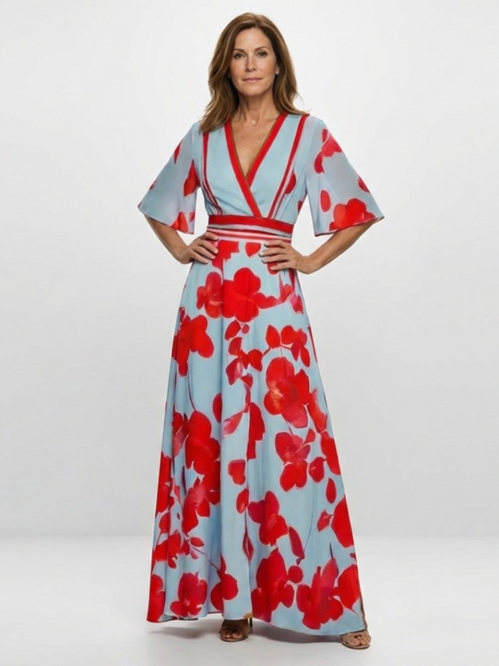 Ivy™ | Floral V-Neck Maxi Dress with Short Sleeves