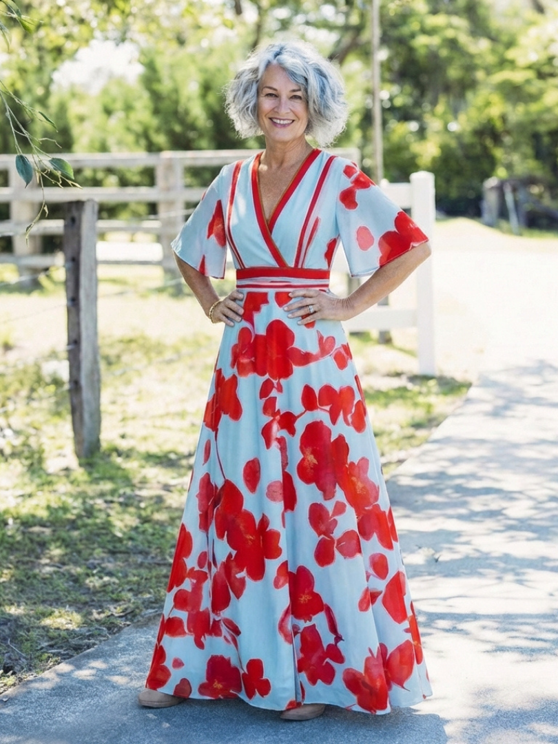 Ivy™ | Floral V-Neck Maxi Dress with Short Sleeves