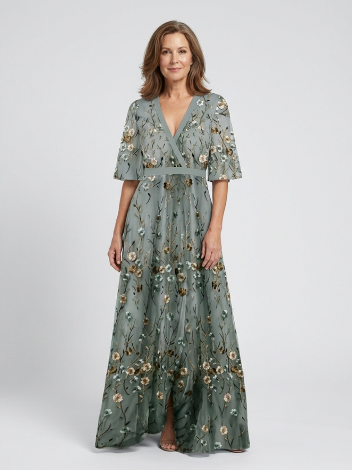 Ivy™ | Floral V-Neck Short Sleeve Maxi Dress