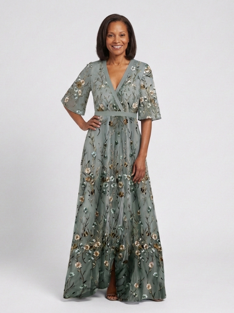 Ivy™  | Floral V Neck Short Sleeve Maxi Dress